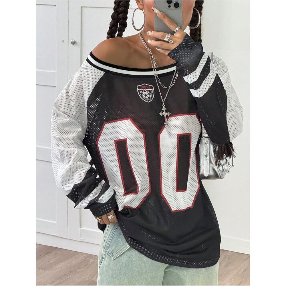 Y2K Mesh Jersey Shirt Women's Oversized Long Sleeve Graphic Tee Casual - Picture 4 of 6